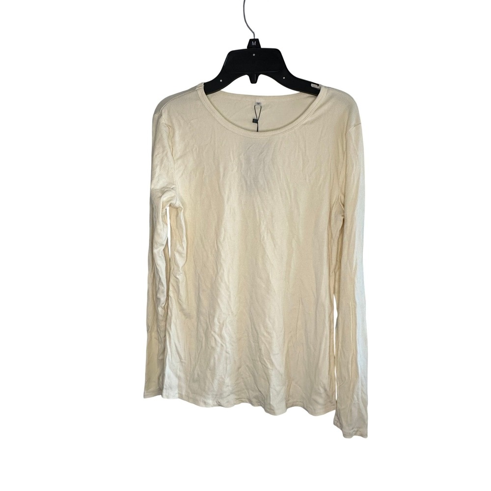Ficerd Womens Cream Ribbed Long Sleeve Crew Neck Top Size M